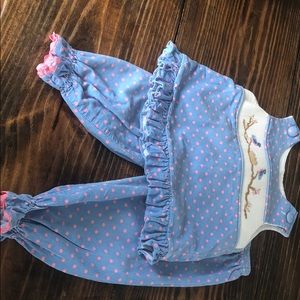 Blue cord  w/ pink polka dots. birds & baby birds